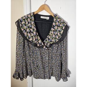 Dark Floral Ruffle Blouse Bell Sleeves Size 18 Button Fairy Whimsy Romantic Y2K